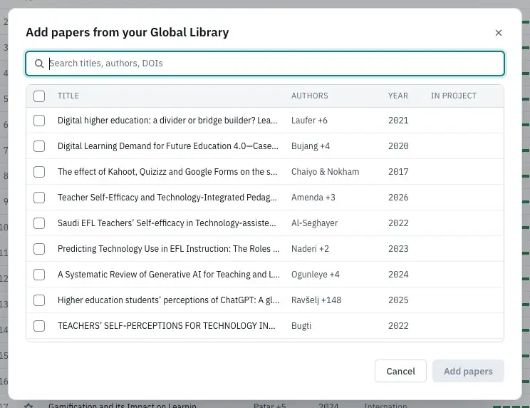 Searching and ticking papers in Add papers from your Global Library