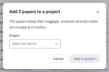 The Add papers to a project window