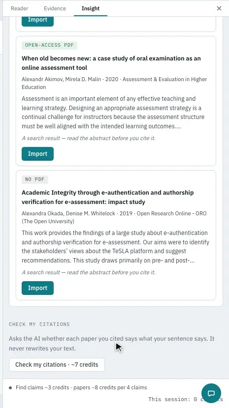 The Check my citations button with its cost