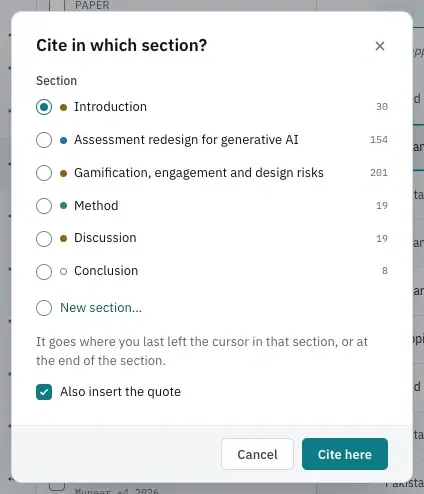 The Cite in which section dialog