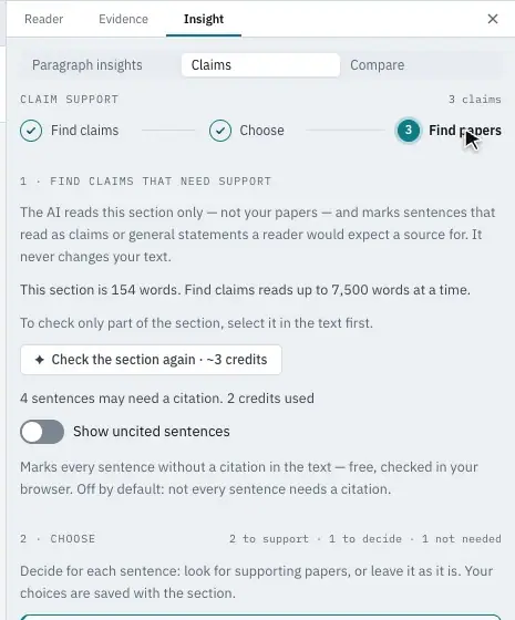 The Find claims that need support button