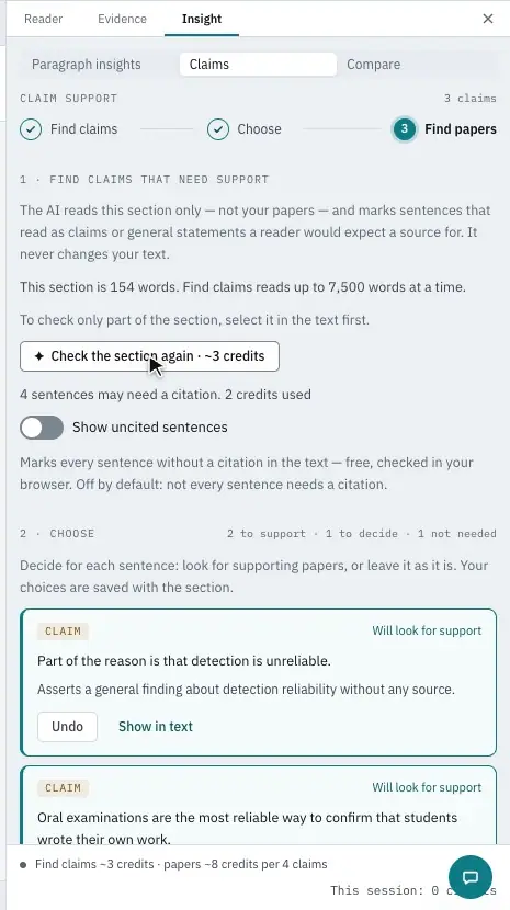 Choosing Find support or No citation needed for each sentence
