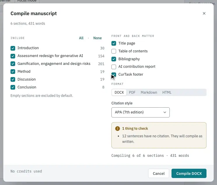 Choosing DOCX, PDF, Markdown or HTML and the citation style