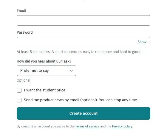 Typing an email and a password on Create your account