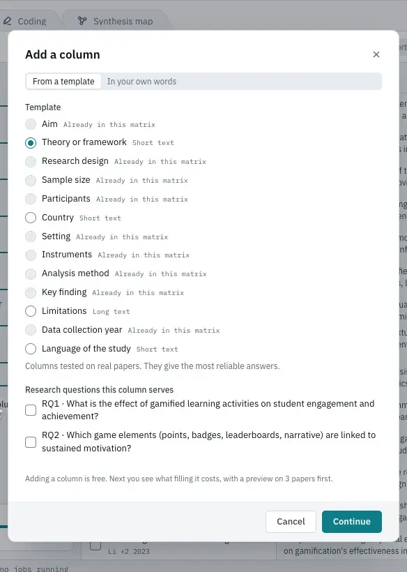 Switching the Add a column dialog to In your own words