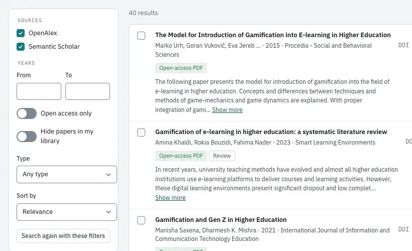 Setting a year and Open access only, then searching again