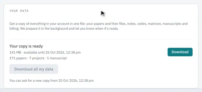 A ready copy of your data, with its Download button