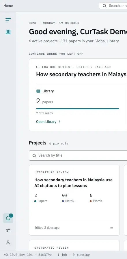 The rail: Home, Global Library, Processing queue, Settings and Account