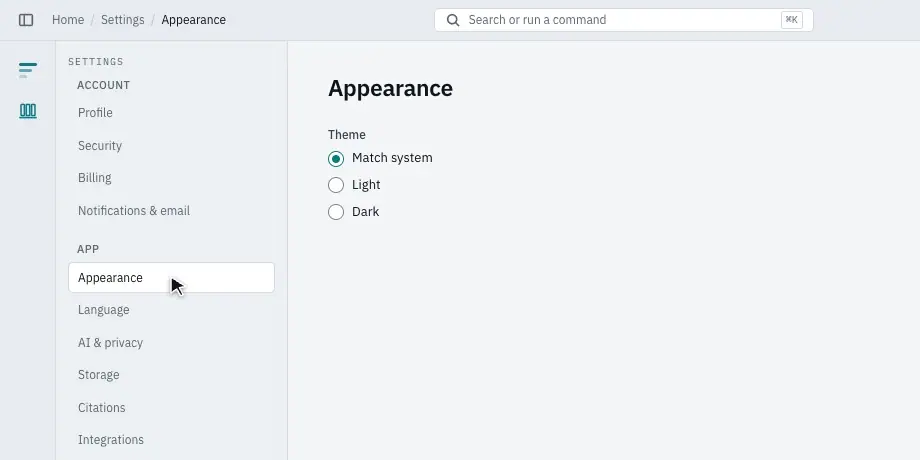 Settings, Appearance: switching to Dark and back