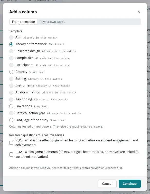 Choosing a template in the Add a column dialog