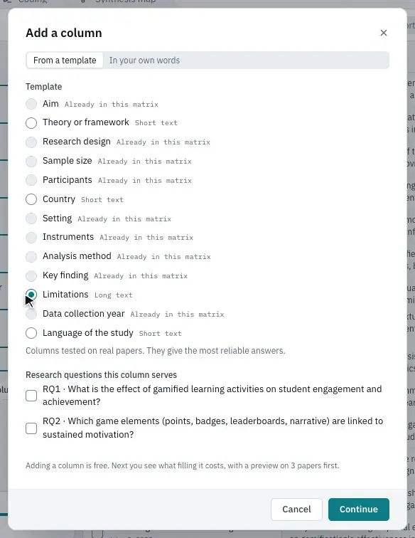 Ticking research questions, then Continue