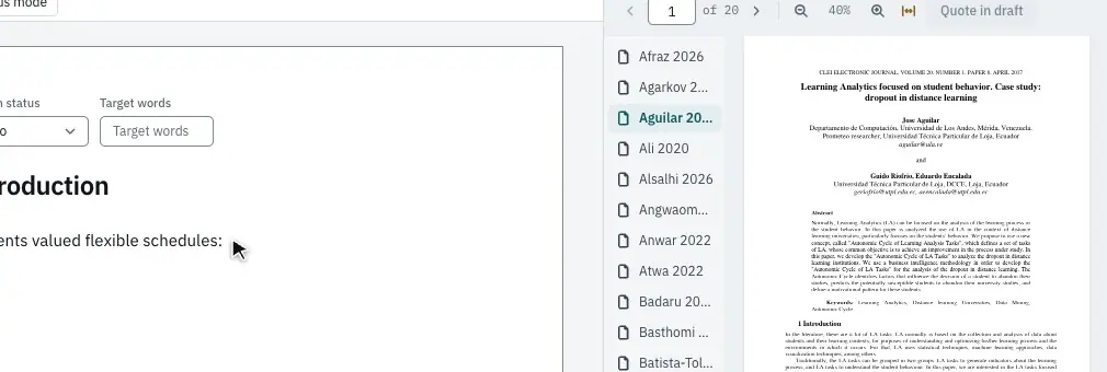 Selecting words in the paper and pressing Quote in draft