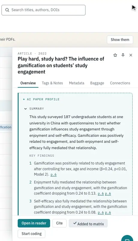 Choosing a page link opens the reader with the quote highlighted