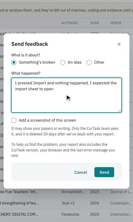 A screenshot of the screen added to the report