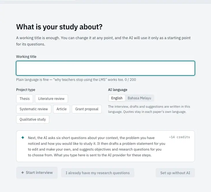 The first step: working title, project type and AI language