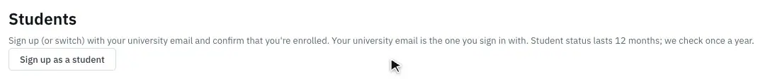 The Students section of the Pricing page