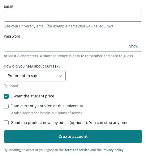 The sign-up form with a university email and both student boxes ticked