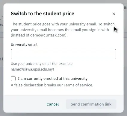 Switch to the student price, with a university email typed and the box ticked