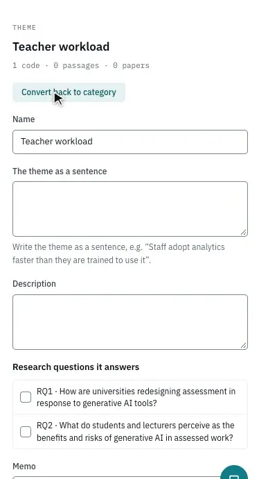 Writing the theme as a sentence and ticking research questions