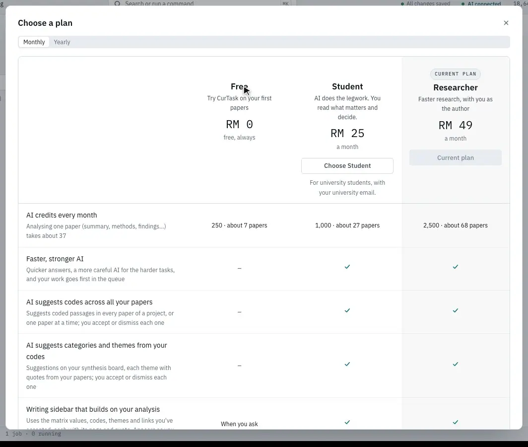 Choose a plan, switched to Yearly, with the pointer on Choose Student