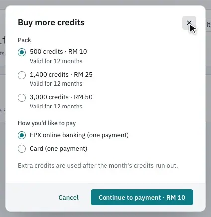Buy more credits, with a pack and card chosen