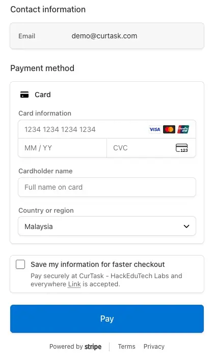 The secure payment page with empty card fields