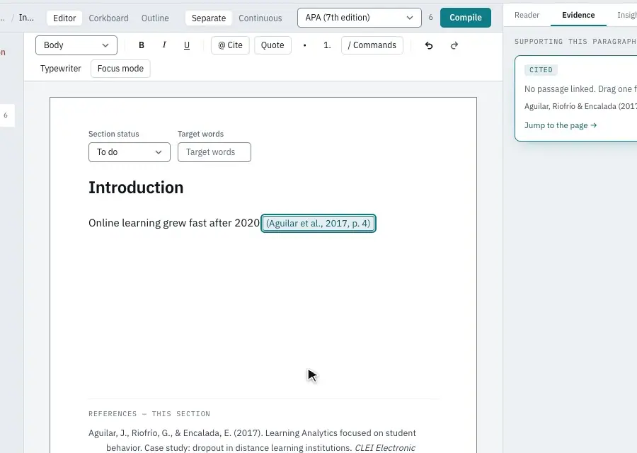Choosing a citation style from the menu at the top
